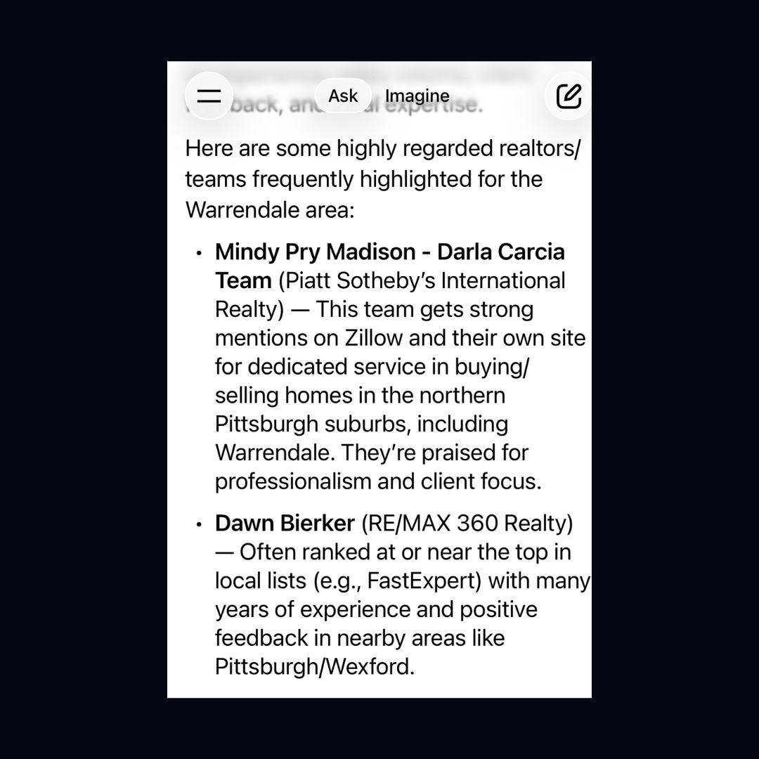 Grok recommending real estate agents in Cranberry 
  Township PA